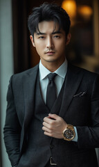 an asian youth in a suit, a professional business person wearing a watch, symbolizing modernity, punctuality, and professionalism