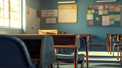 An empty teacher's desk is positioned at the front of a classroom, with the background showcasing the typical classroom setting. The scene captures the 