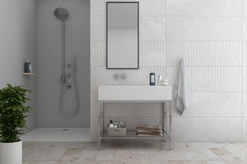 A luxurious bathroom's interior features a beige marble floor, white marble walls, a concrete floor, a white bathtub, a white basin, a large mirror over it, and other accessories. 3D Rendering