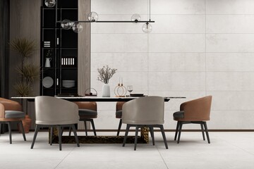 Dining room interior, minimal luxury dining room interior mock up, empty beige marble wall and floor, hanging elegant chandelier and plants, beautiful plants aside ceramic table. Mockup. 3D Rendering