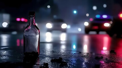 Wine Bottle Close-Up, Asphalt, Nocturnal Police Silhouettes, Dark Palette, Alcohol-Related Incident Theme