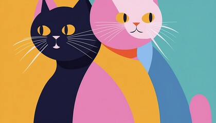 Colorful abstract illustration of two whimsical cats in modern art style