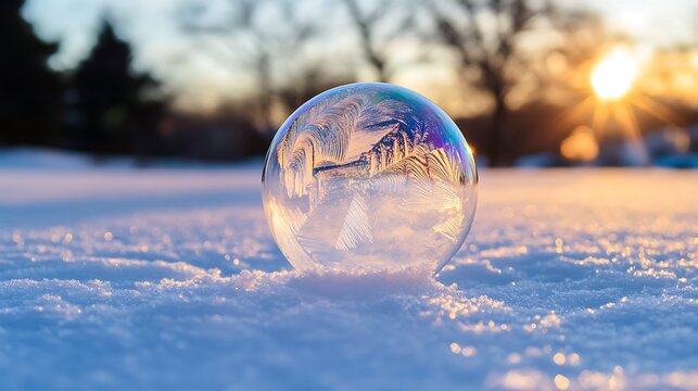 A frozen soap bubble in snow with a sunset in the background.