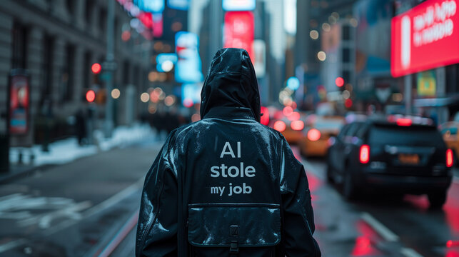 Person in black jacket with "AI stole my job" walking in city.