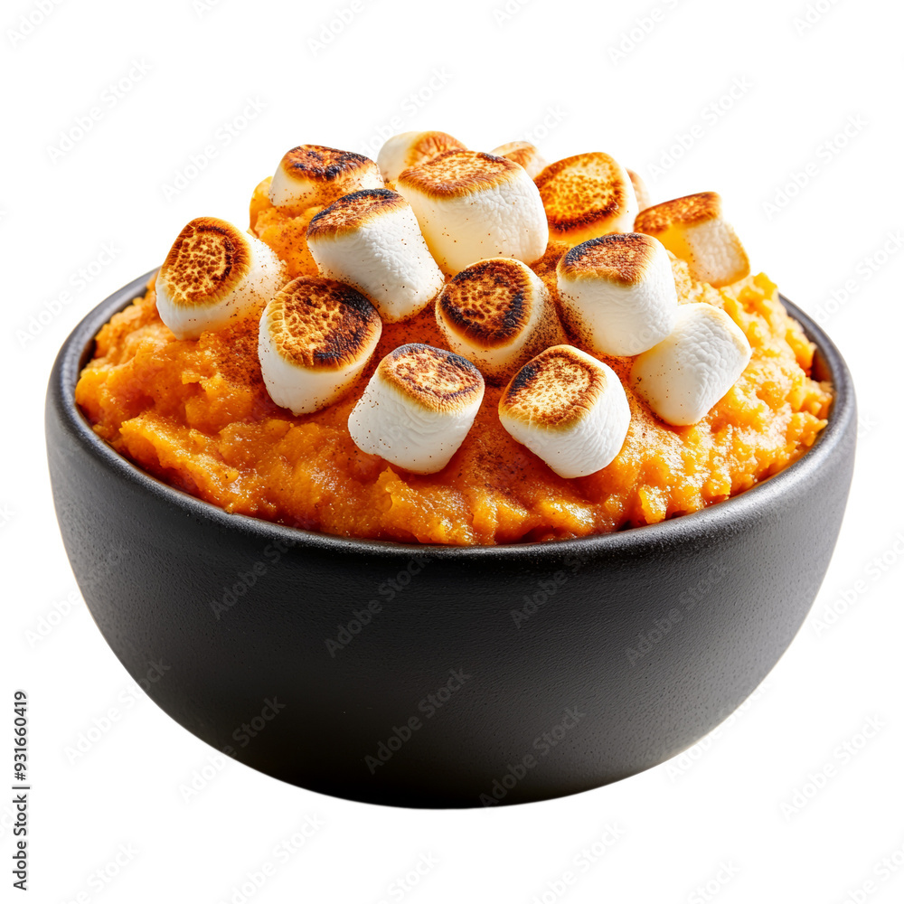 Poster a portion of mashed sweet potatoes topped with toasted marshmallows and cinnamon isolated on transpa