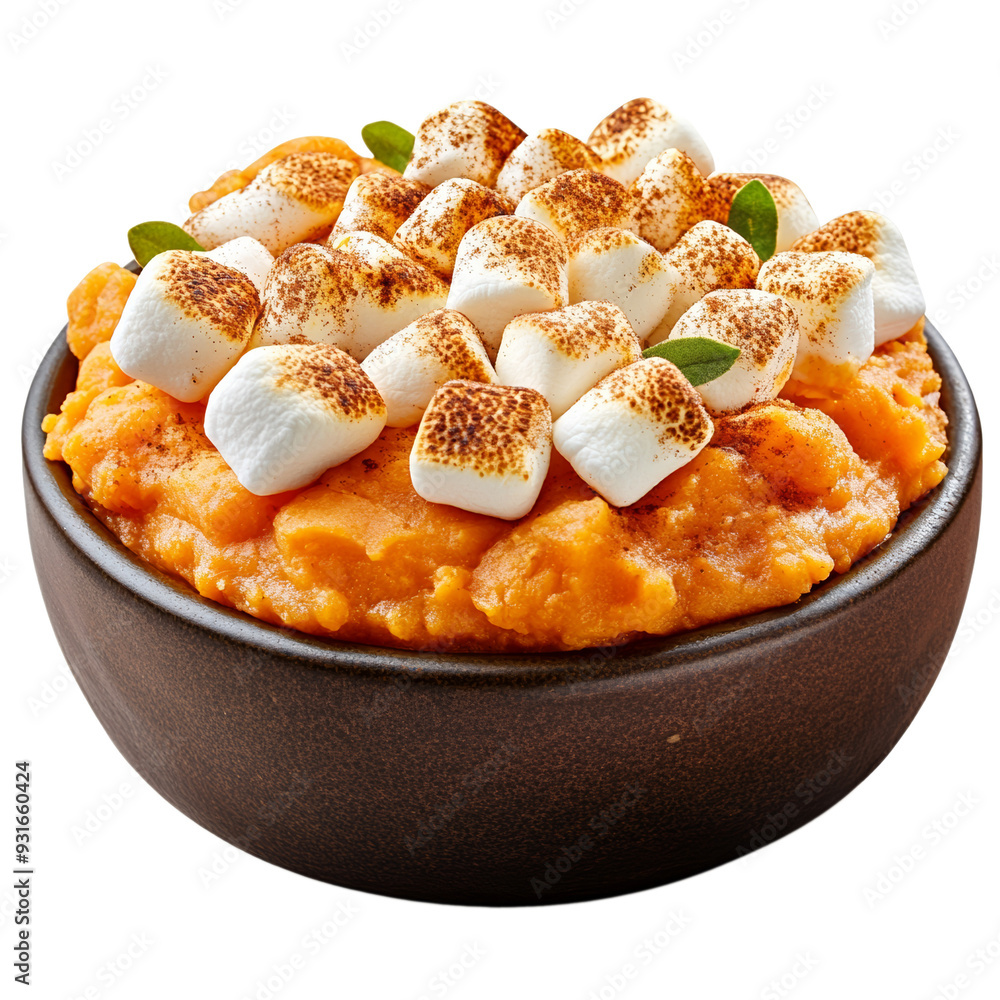 Poster a portion of mashed sweet potatoes topped with toasted marshmallows and cinnamon isolated on transpa