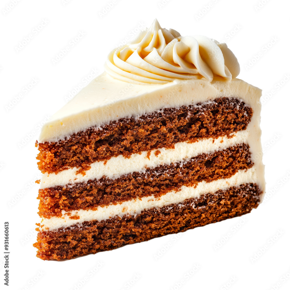 Poster a slice of carrot cake with cream cheese frosting and visible layers of moist spiced cake isolated o