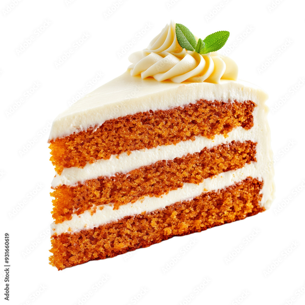 Poster a slice of carrot cake with cream cheese frosting and visible layers of moist spiced cake isolated o
