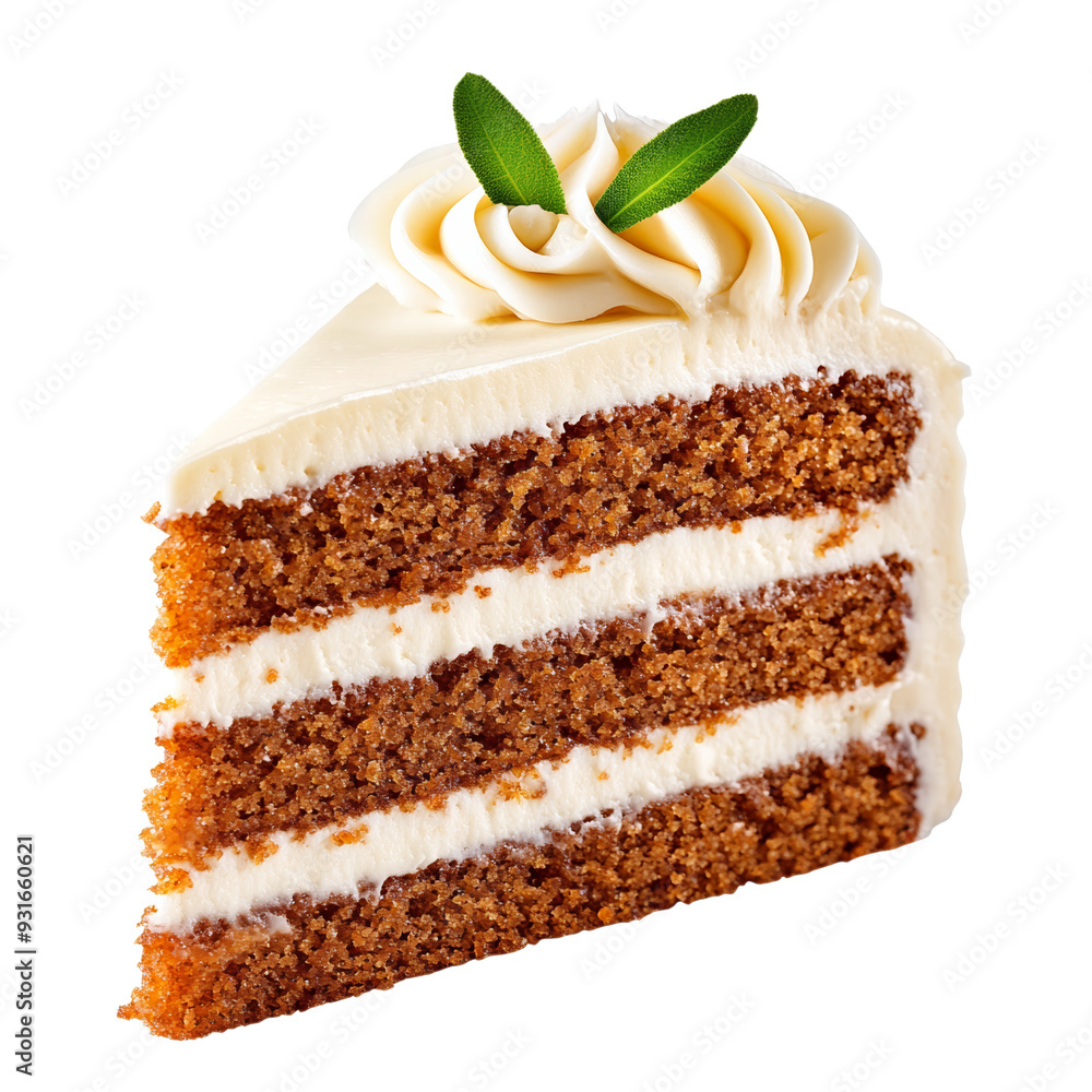 Poster a slice of carrot cake with cream cheese frosting and visible layers of moist spiced cake isolated o