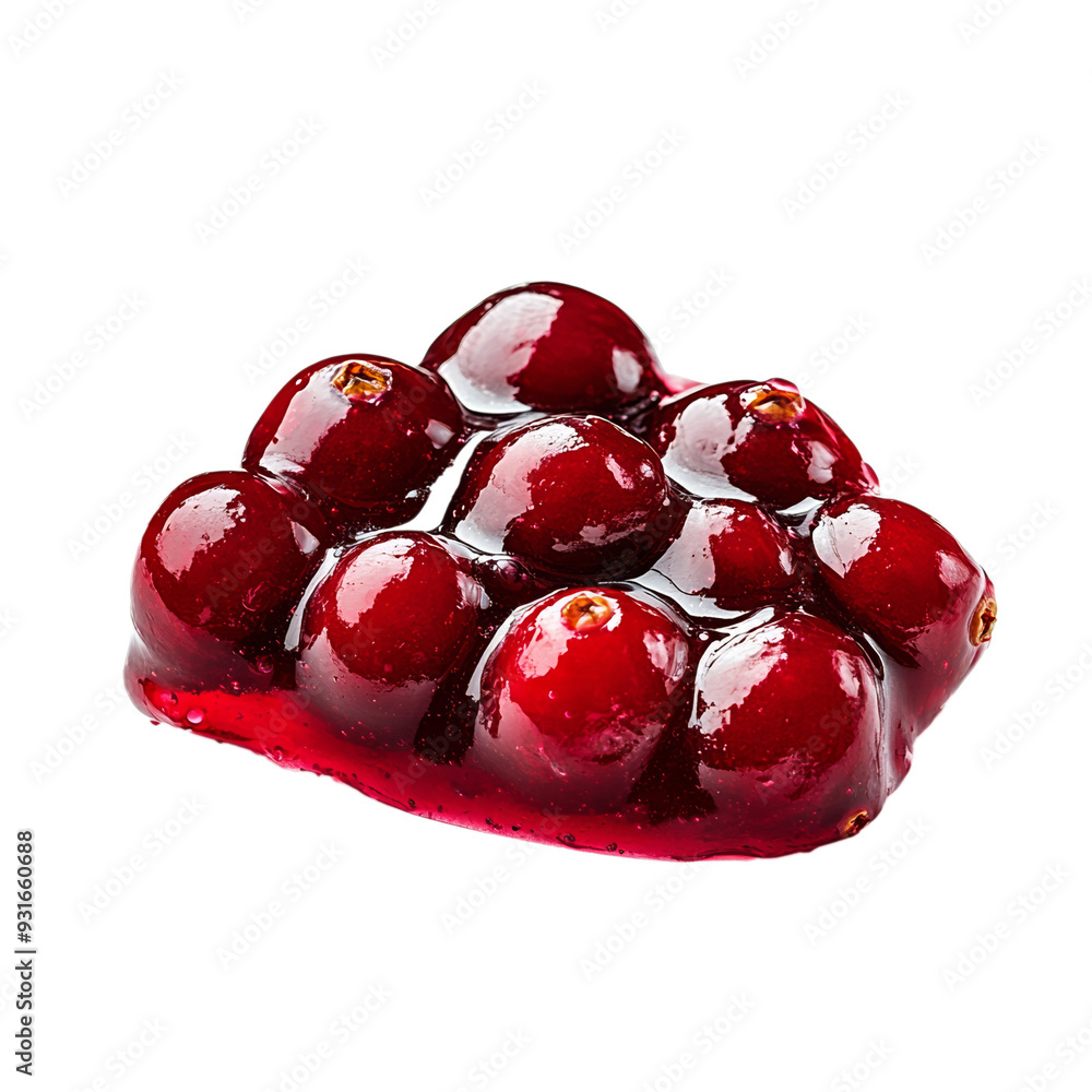 Poster a slice of cranberry sauce with visible whole berries and a glossy gel like texture isolated on tran