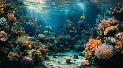 Naklejka premium A detailed underwater view of a bustling coral reef teeming with diverse marine life, including colorful fish, sea anemones, and intricate coral formations