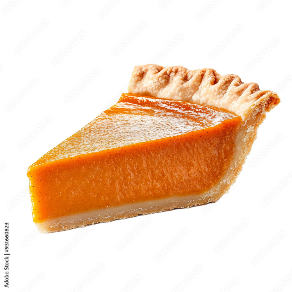 Poster a slice of pumpkin pie with smooth orange filling and a flaky golden crust isolated on transparent b