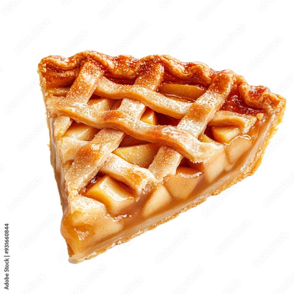 Poster a slice of spiced apple pie with lattice crust and caramelized sugar edges isolated on transparent b
