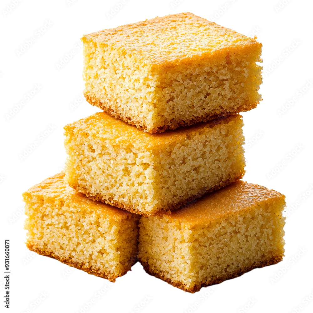 Poster a stack of freshly baked cornbread squares with crumbly texture and golden edges isolated on transpa