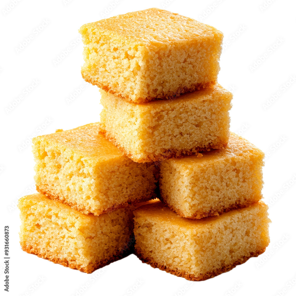 Poster a stack of freshly baked cornbread squares with crumbly texture and golden edges isolated on transpa