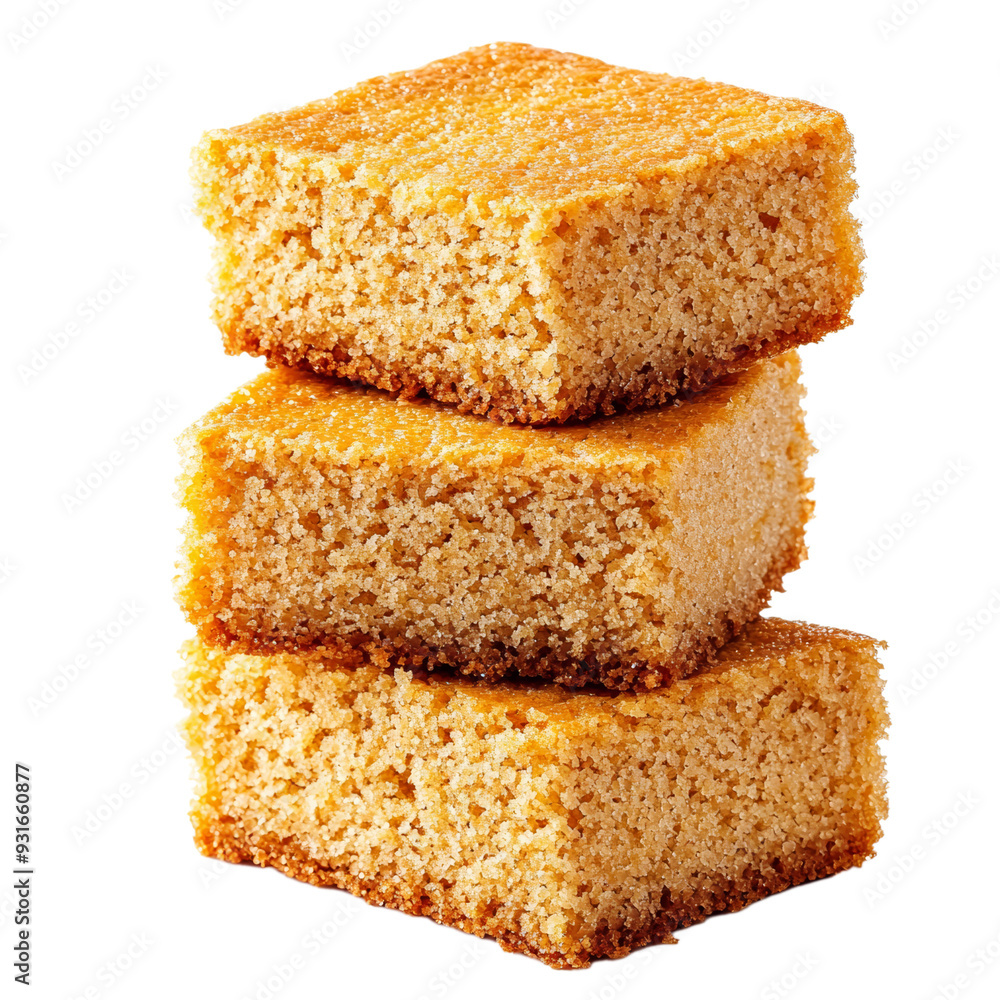 Poster a stack of freshly baked cornbread squares with crumbly texture and golden edges isolated on transpa