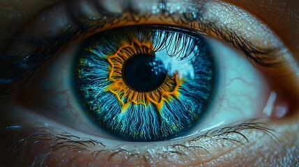 A close-up of a human eye with a bright yellow and blue iris, the pupil is black.