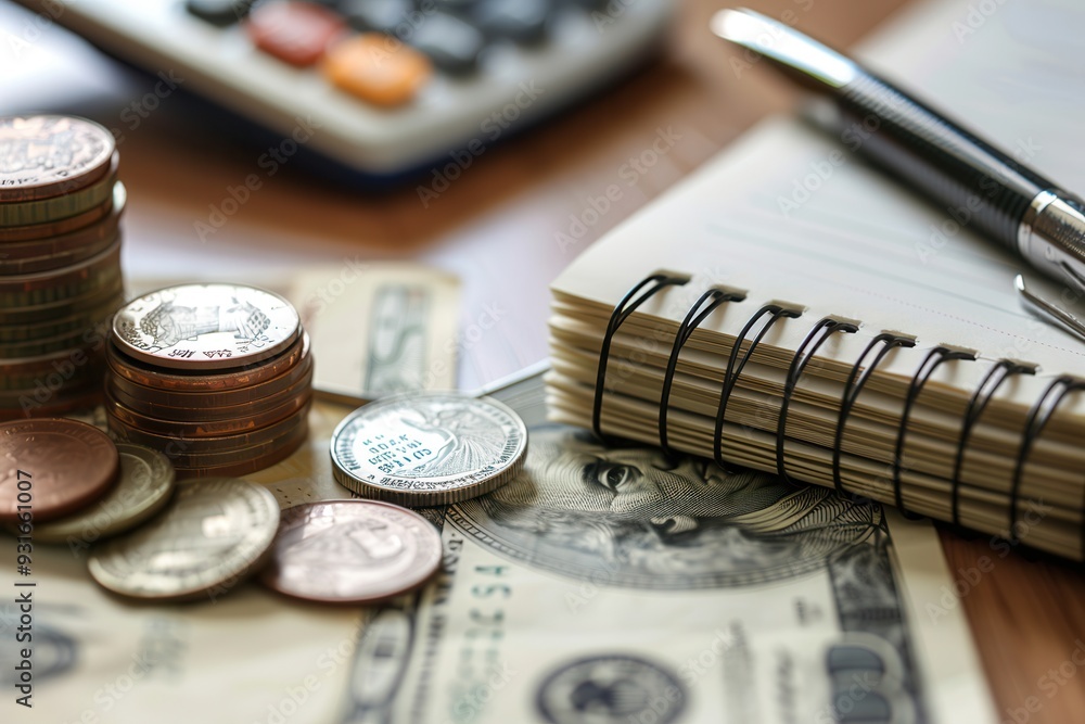 Fototapete a stack of cash and coins rests next to an open notebook filled with financial notes, accompanied by