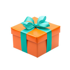 Obraz premium Bright orange gift box with a glossy finish and a turquoise ribbon perfectly aligned isolated on a transparent background 