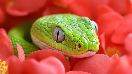 A green snake on a background of Chinese fabric.