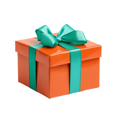 Obraz premium Bright orange gift box with a glossy finish and a turquoise ribbon perfectly aligned isolated on a transparent background 