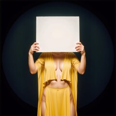 A woman standing against a dark background, holding a large, blank white board in front of her face. She is wearing a bright yellow, flowing dress that reveals her midriff and has a deep V-neckline.