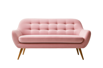 Contemporary blush pink sofa front view with rounded corners and mid century style legs isolated on transparent background 