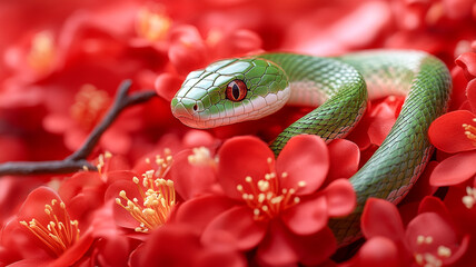 A green snake on a background of Chinese fabric.