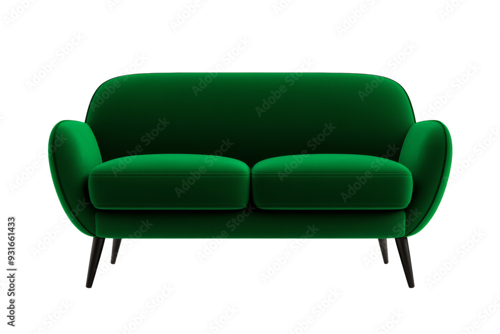 Poster dark emerald green contemporary sofa front view with smooth upholstery and clean lines isolated on t