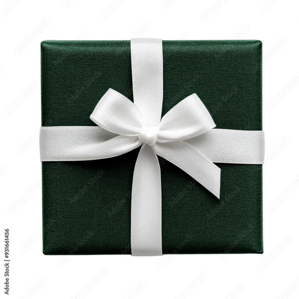 Poster dark green gift box with a textured finish and a transparent ribbon tied precisely isolated on a tra