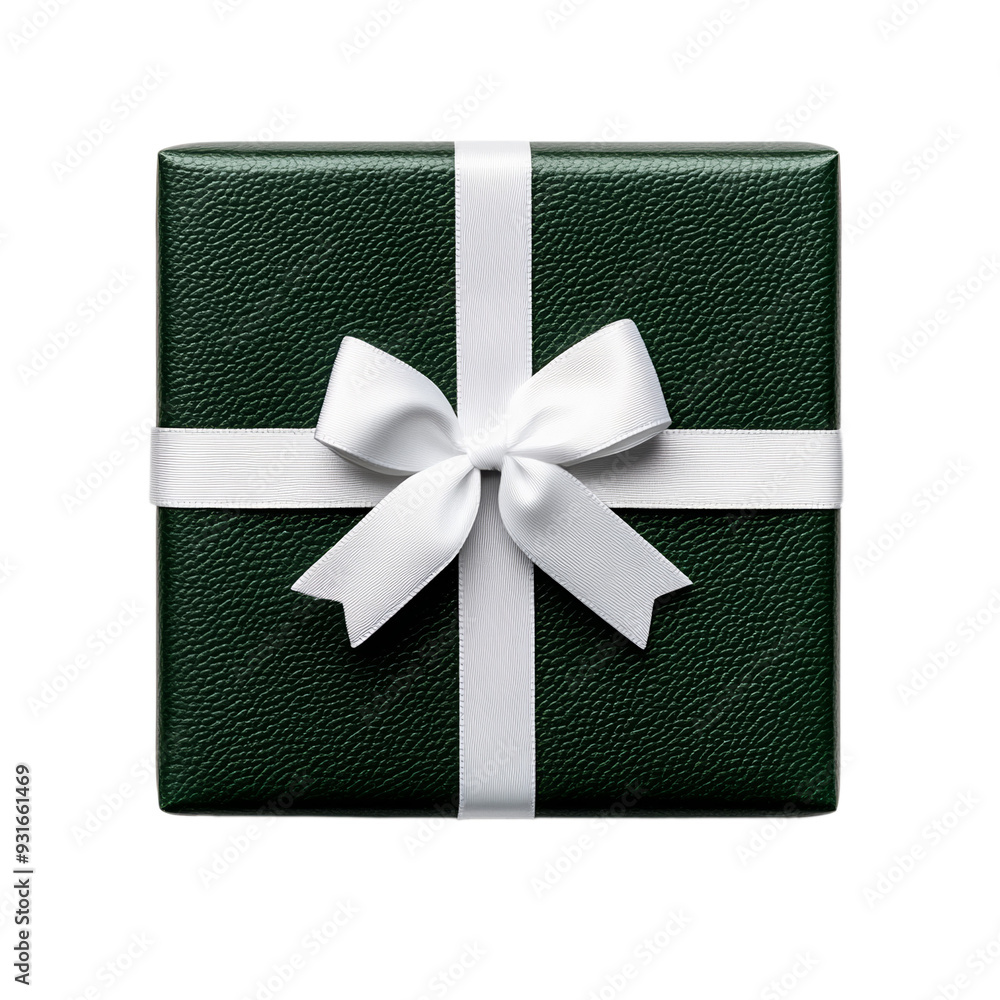 Poster dark green gift box with a textured finish and a transparent ribbon tied precisely isolated on a tra
