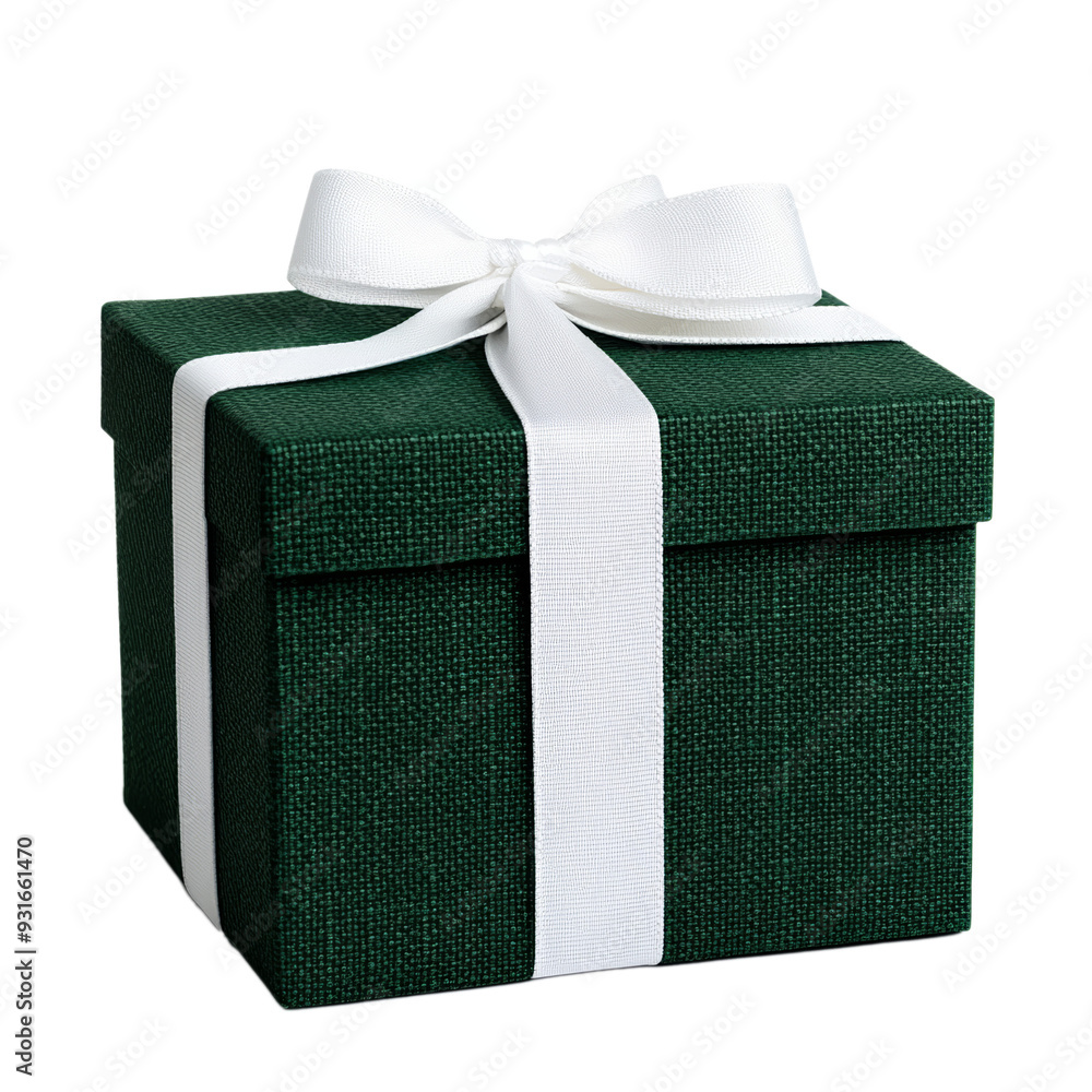 Poster dark green gift box with a textured finish and a transparent ribbon tied precisely isolated on a tra