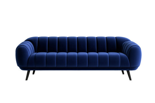 Elegant navy blue modern sofa front view with low profile and soft velvet finish isolated on transparent background 