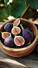 wooden bowl of figs under a fig tree