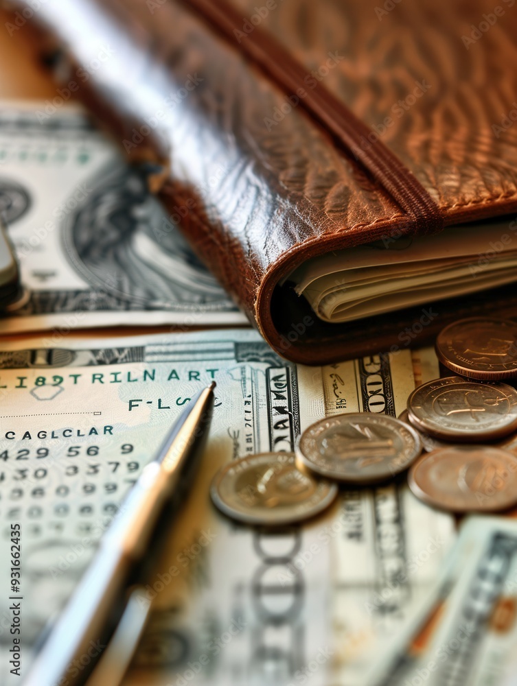 Fototapete stacks of cash and coins accompany an open notebook filled with notes and calculations related to bu