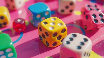 Details of a ludo board game being played outdoors on pink background