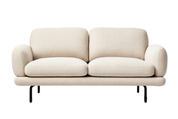 Minimalist light beige sofa front view with wide seat cushions and thin black metal legs isolated on transparent background 