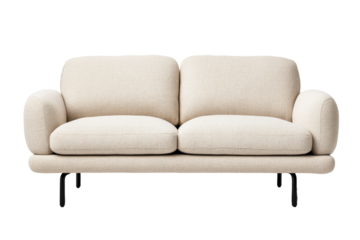 Minimalist light beige sofa front view with wide seat cushions and thin black metal legs isolated on transparent background 