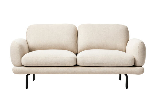 Minimalist light beige sofa front view with wide seat cushions and thin black metal legs isolated on transparent background 