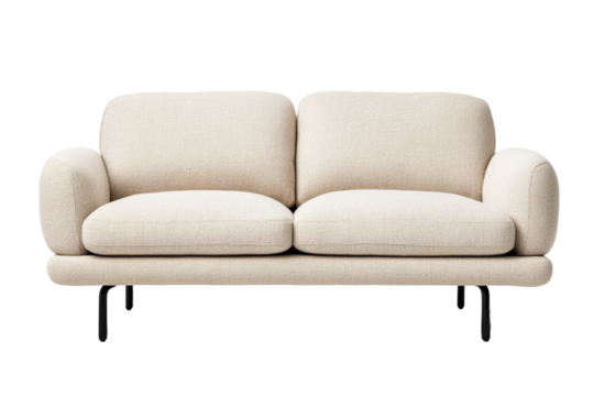 Minimalist light beige sofa front view with wide seat cushions and thin black metal legs isolated on transparent background 