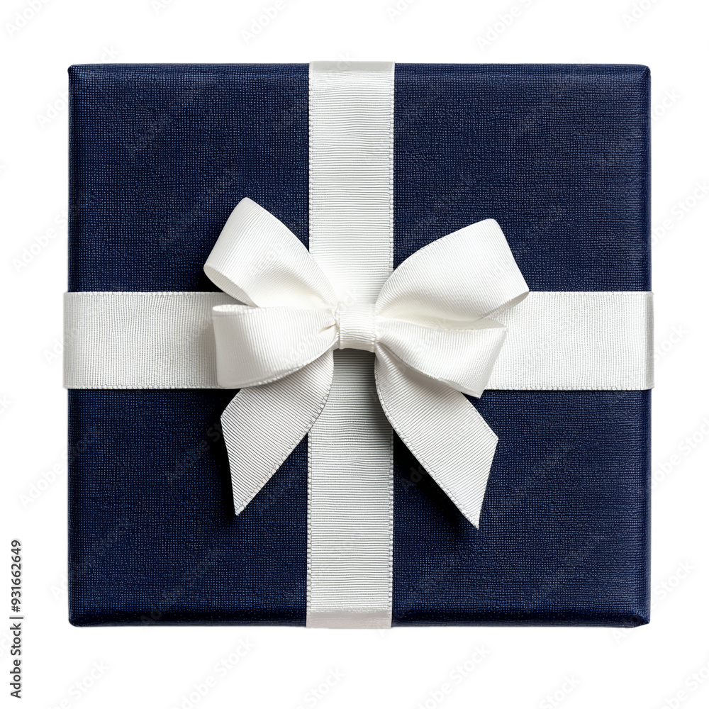 Wall mural Navy blue gift box with a crisp transparent bow and ribbon symmetrically placed isolated on a transparent background 