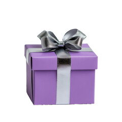 Obraz premium Pale lavender gift box with a silver ribbon artistically arranged into a bow isolated on a transparent background 