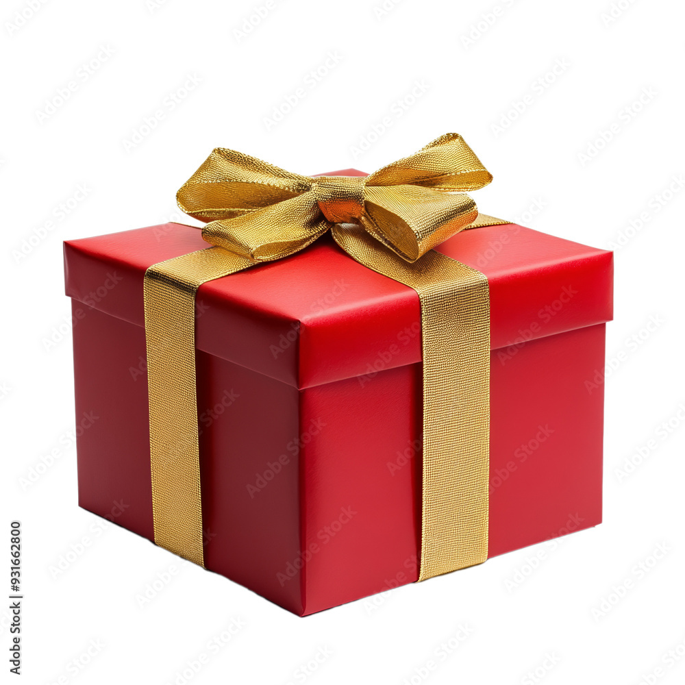 Poster Red gift box with a neatly tied gold ribbon and bow isolated on a transparent background 