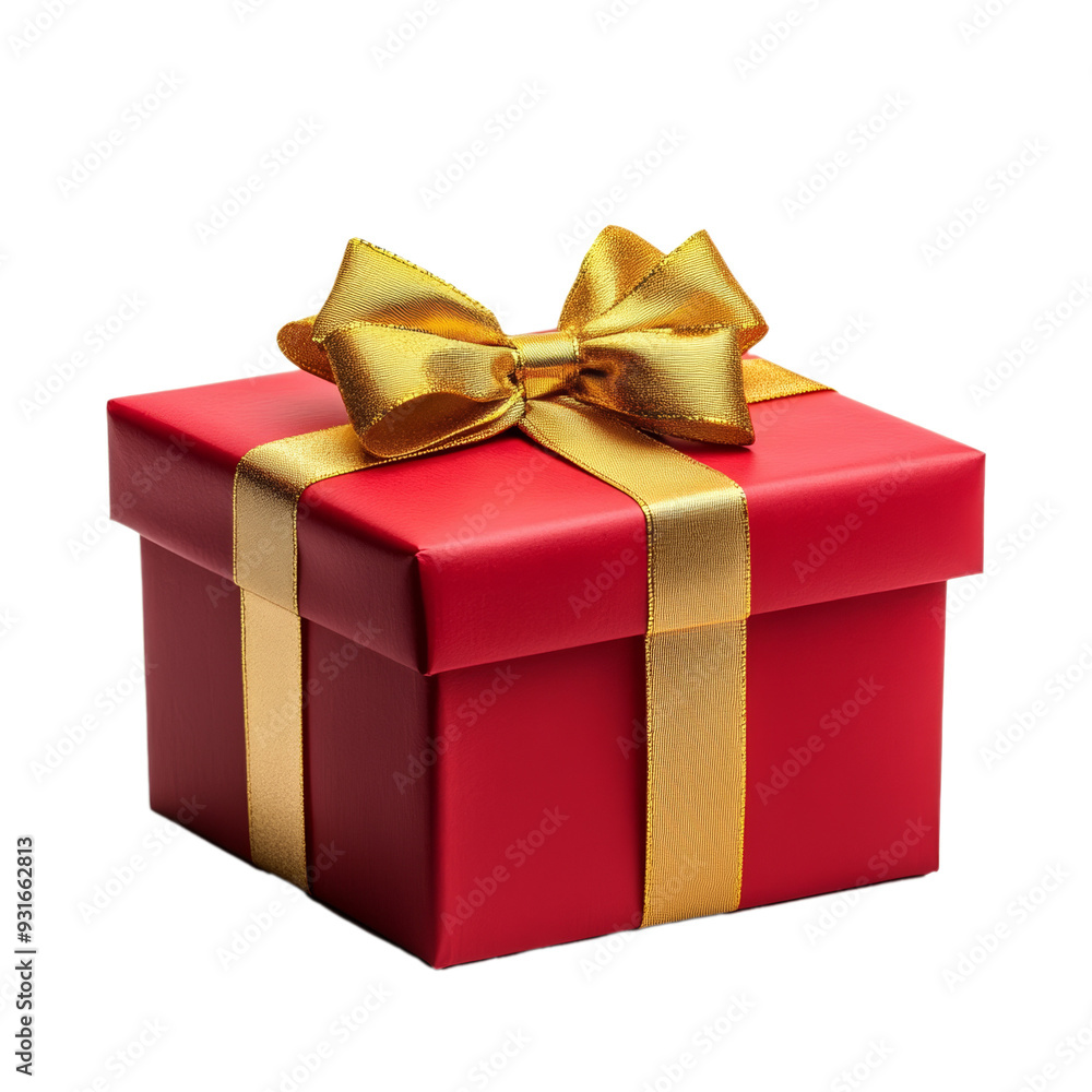 Poster red gift box with a neatly tied gold ribbon and bow isolated on a transparent background