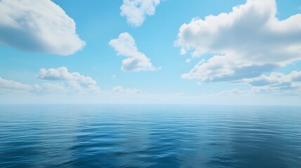 Obraz premium Tranquil ocean scene featuring calm waters under a blue sky with soft white clouds, evoking a sense of peace, serenity, and natural beauty. Ideal for projects emphasizing relaxation