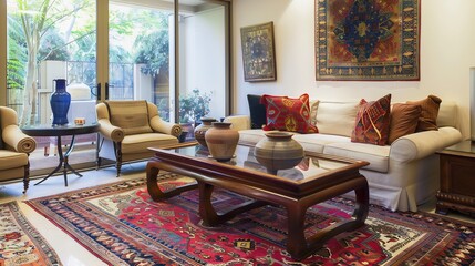 Traditional home decor living room adorned with vibrant rugs and elegant pottery creating a warm and inviting atmosphere