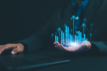 hand show graph chart stock market economic. growth business concept. plan strategy company increase profit to success global. trend marketing grows technology digital. economy, financial, and invest