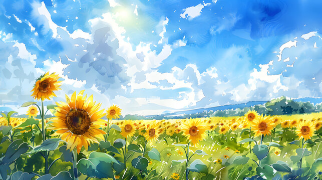 A vibrant watercolor painting of a sunflower field on a sunny day, with bright yellow flowers facing the sun, a clear blue sky above, and a few clouds drifting by.