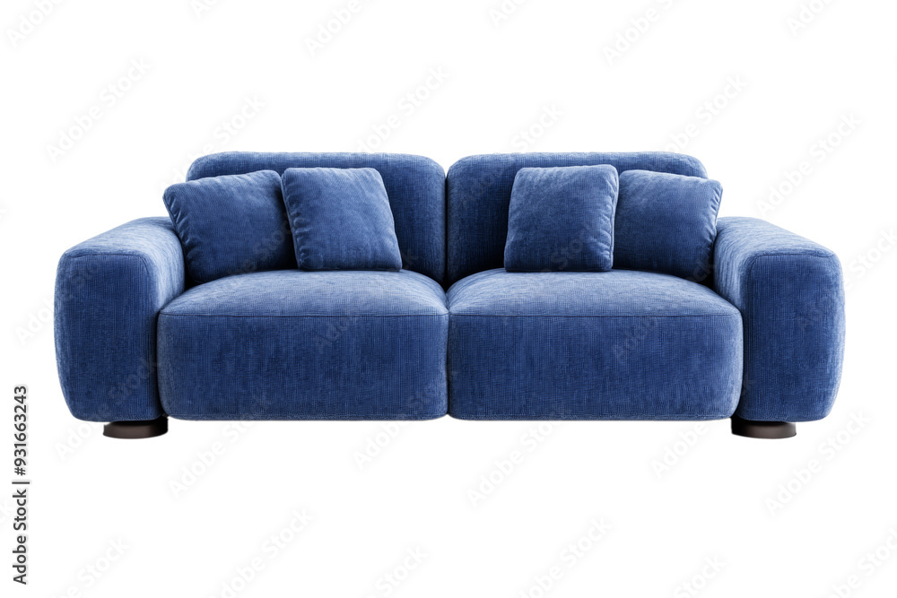 Poster soft powder blue sofa front view with large fluffy cushions and boxy frame isolated on transparent b