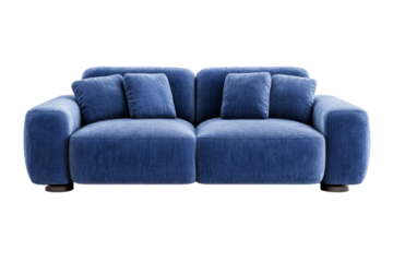 Soft powder blue sofa front view with large fluffy cushions and boxy frame isolated on transparent background 